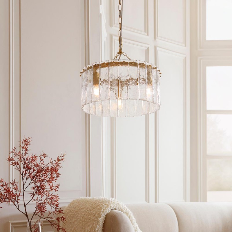 - Karine - Brushed Aged Brass 3 Light Pendant with Clear Textured Glass Panels Endon-118467 - Karine - Brushed Aged Brass 3 Light Pendant with Clear Textured Glass Panels