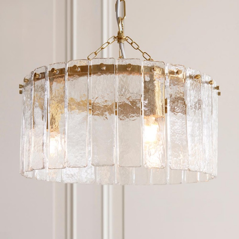 - Karine - Brushed Aged Brass 3 Light Pendant with Clear Textured Glass Panels Endon-118467 - Karine - Brushed Aged Brass 3 Light Pendant with Clear Textured Glass Panels