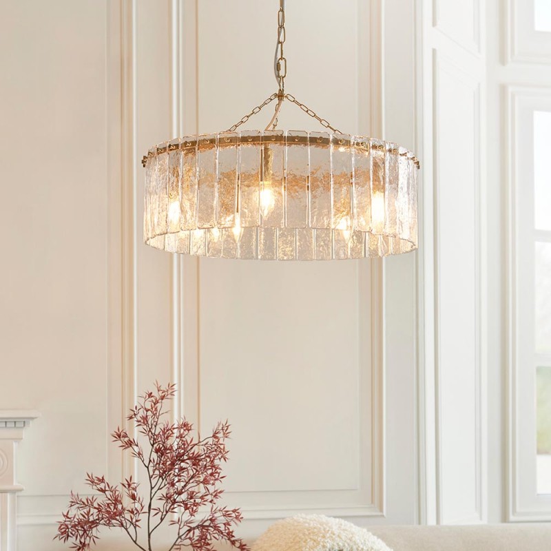 - Karine - Brushed Aged Brass 5 Light Pendant with Clear Textured Glass Panels Endon-118468 - Karine - Brushed Aged Brass 5 Light Pendant with Clear Textured Glass Panels