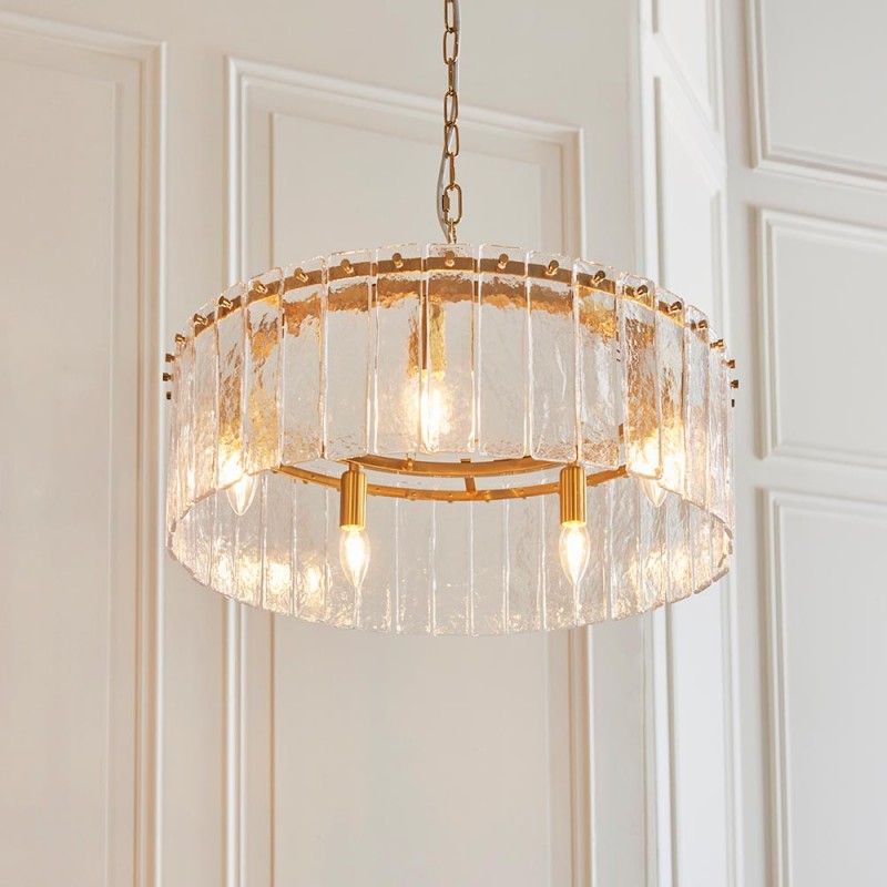 - Karine - Brushed Aged Brass 5 Light Pendant with Clear Textured Glass Panels Endon-118468 - Karine - Brushed Aged Brass 5 Light Pendant with Clear Textured Glass Panels