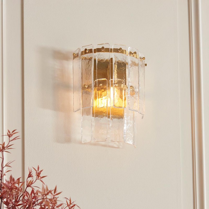 - Karine - Brushed Aged Brass Wall Lamp with Clear Textured Glass Panels Endon-118470 - Karine - Brushed Aged Brass Wall Lamp with Clear Textured Glass Panels