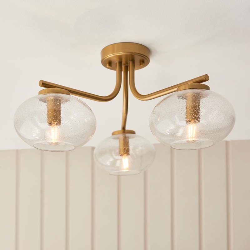 - Jacob - Warm Brass 3 Light Semi Flush with Clear Bubble Glass Endon-118507 - Jacob - Warm Brass 3 Light Semi Flush with Clear Bubble Glass