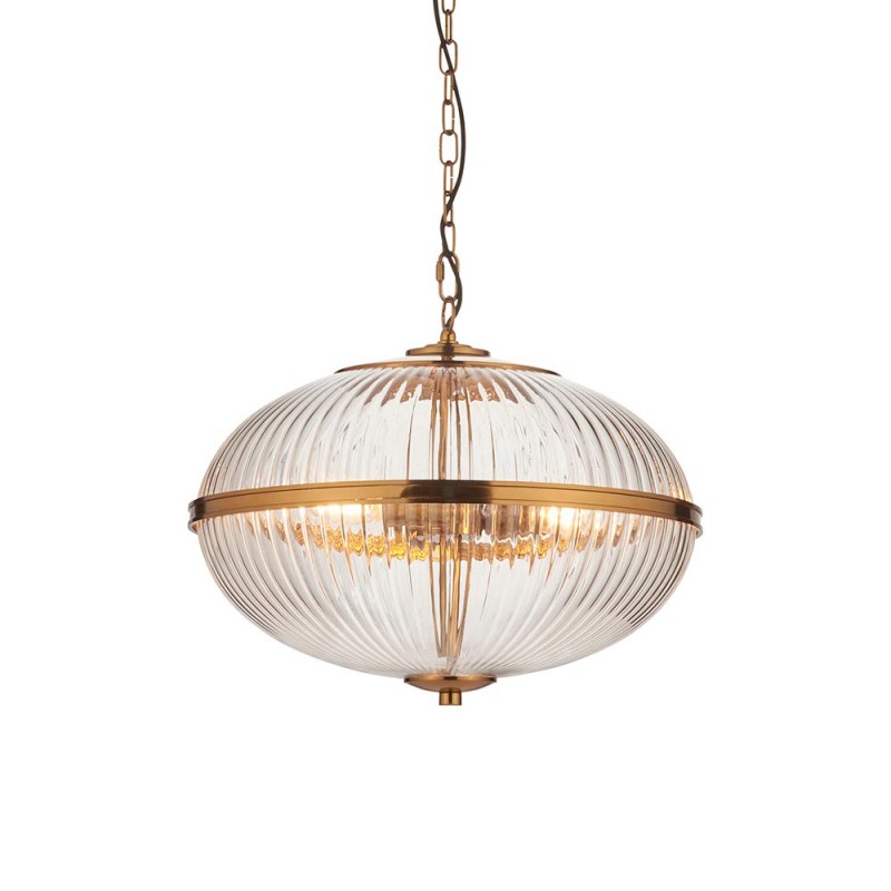 - Somerset - Vintage Brass 3 Light Pendant with Clear Ribbed Glass Endon-118580 - Somerset - Vintage Brass 3 Light Pendant with Clear Ribbed Glass