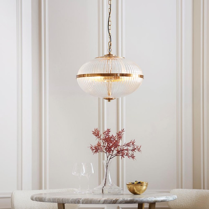 - Somerset - Vintage Brass 3 Light Pendant with Clear Ribbed Glass Endon-118580 - Somerset - Vintage Brass 3 Light Pendant with Clear Ribbed Glass