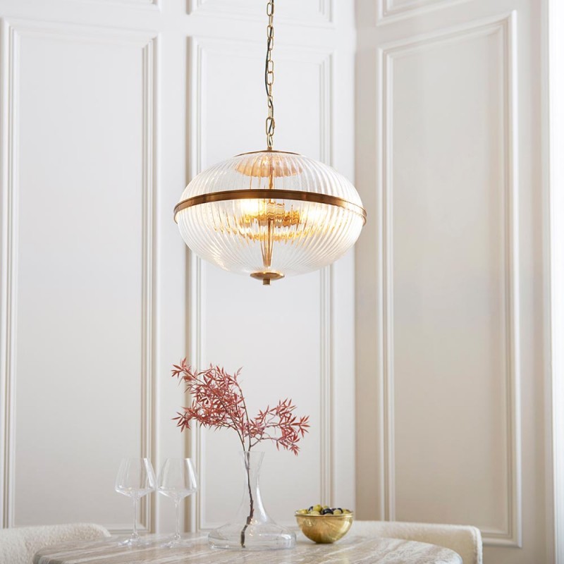 - Somerset - Vintage Brass 3 Light Pendant with Clear Ribbed Glass Endon-118580 - Somerset - Vintage Brass 3 Light Pendant with Clear Ribbed Glass