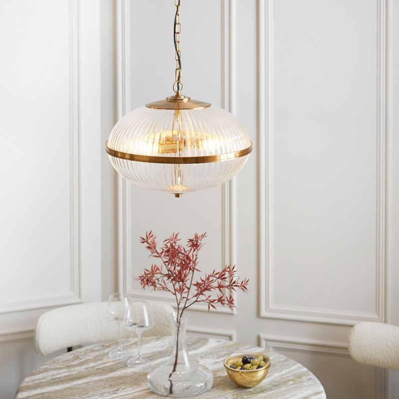 - Somerset - Vintage Brass 3 Light Pendant with Clear Ribbed Glass Endon-118580 - Somerset - Vintage Brass 3 Light Pendant with Clear Ribbed Glass