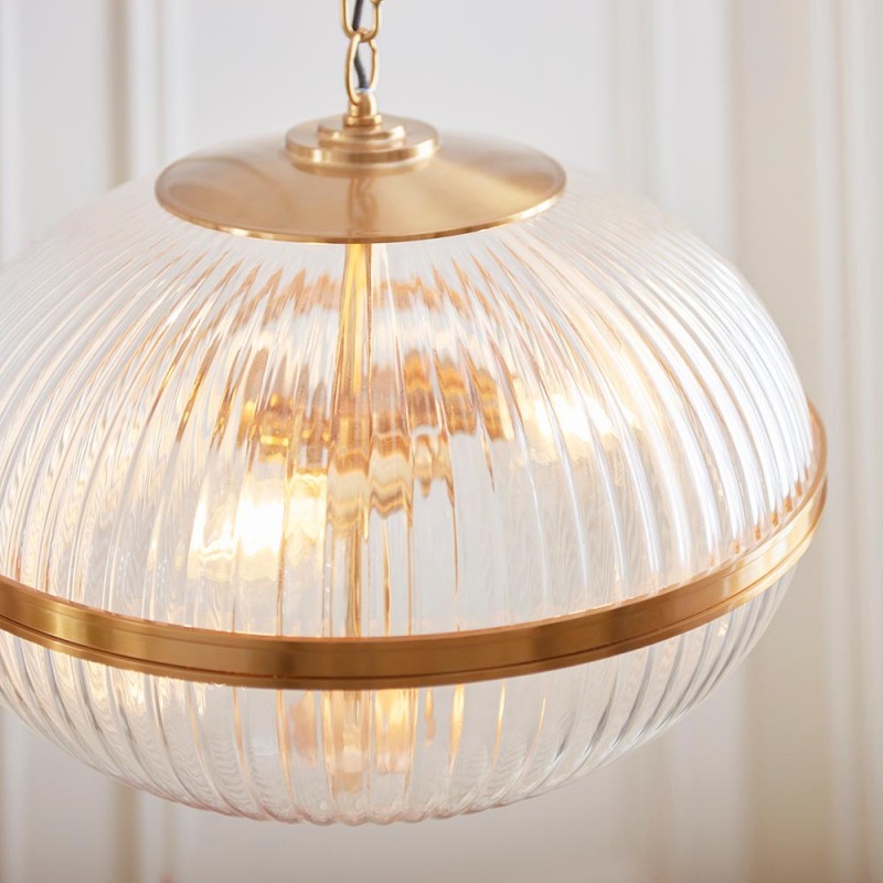 - Somerset - Vintage Brass 3 Light Pendant with Clear Ribbed Glass Endon-118580 - Somerset - Vintage Brass 3 Light Pendant with Clear Ribbed Glass