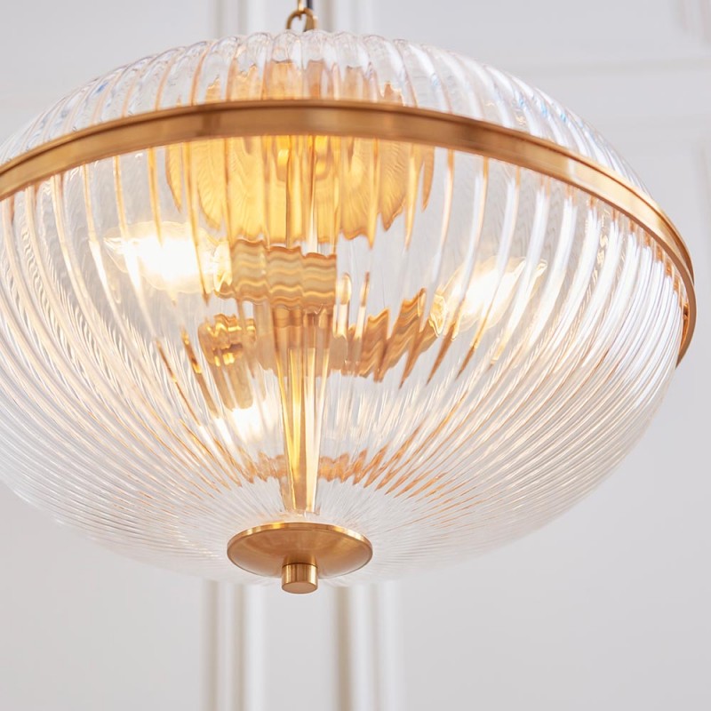 - Somerset - Vintage Brass 3 Light Pendant with Clear Ribbed Glass Endon-118580 - Somerset - Vintage Brass 3 Light Pendant with Clear Ribbed Glass
