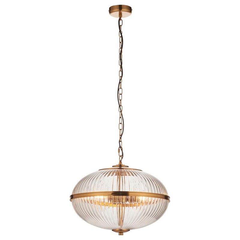 - Somerset - Vintage Brass 3 Light Pendant with Clear Ribbed Glass Endon-118580 - Somerset - Vintage Brass 3 Light Pendant with Clear Ribbed Glass
