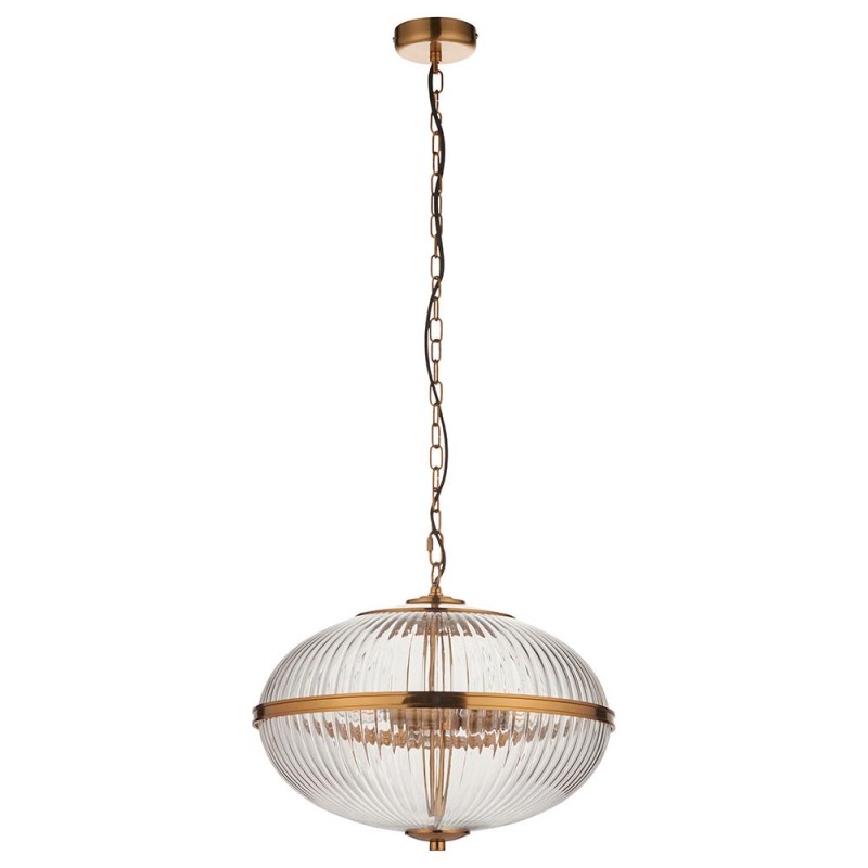 - Somerset - Vintage Brass 3 Light Pendant with Clear Ribbed Glass Endon-118580 - Somerset - Vintage Brass 3 Light Pendant with Clear Ribbed Glass