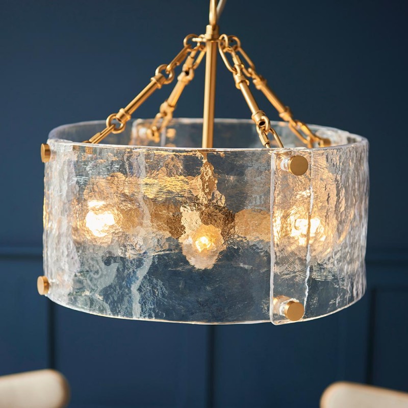 Endon-118583 - Keller - Brushed Aged Brass 4 Light Pendant with Clear Textured Curved Glass