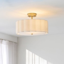 Serene - Brushed Aged Brass 2 Light Semi Flush with Vintage White Cotton