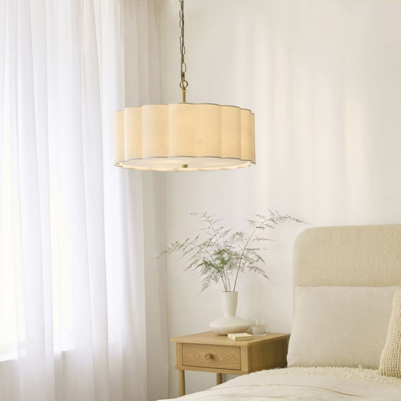Endon-118592 - Serene - Brushed Aged Brass 3 Light Pendant with Vintage White Cotton