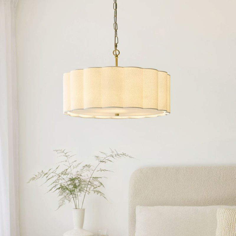 Endon-118592 - Serene - Brushed Aged Brass 3 Light Pendant with Vintage White Cotton