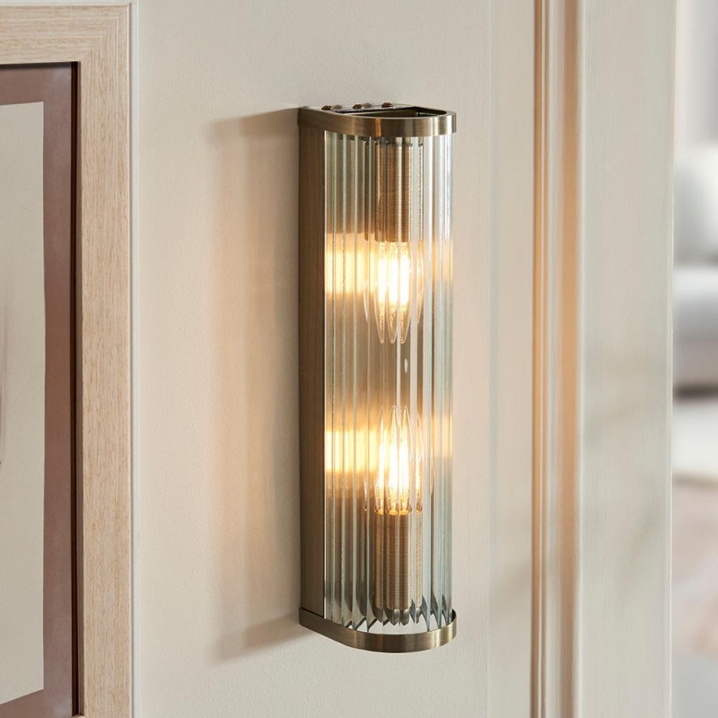 - Ridgeton - Antique Brass 2 Light Wall Lamp with Ribbed Glass Endon-118597 - Ridgeton - Antique Brass 2 Light Wall Lamp with Ribbed Glass