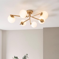 Aaron - Brushed Aged Brass 6 Light Centre Fitting with Matt Opal Glass Aaron - Brushed Aged Brass 6 Light Centre Fitting with Matt Opal Glass