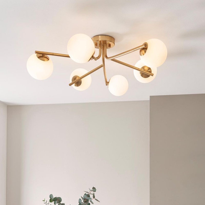 - Aaron - Brushed Aged Brass 6 Light Centre Fitting with Matt Opal Glass Endon-118651 - Aaron - Brushed Aged Brass 6 Light Centre Fitting with Matt Opal Glass
