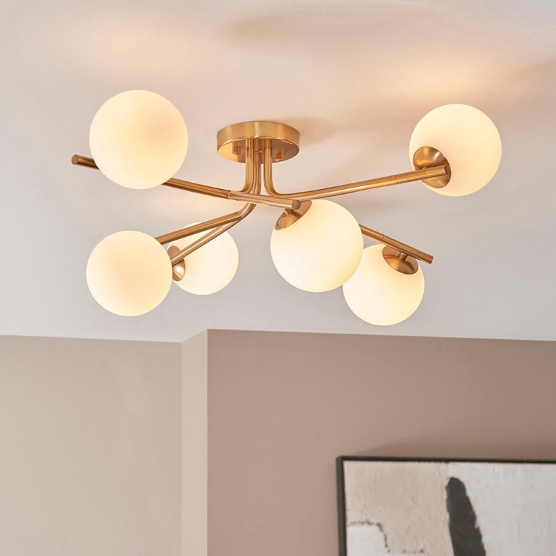 - Aaron - Brushed Aged Brass 6 Light Centre Fitting with Matt Opal Glass Endon-118651 - Aaron - Brushed Aged Brass 6 Light Centre Fitting with Matt Opal Glass