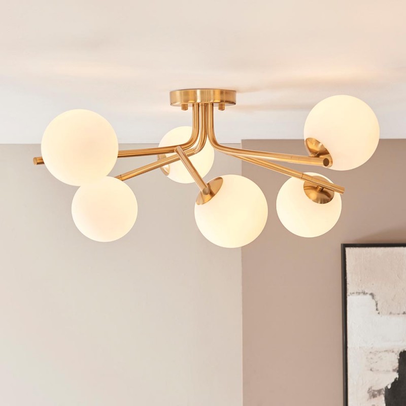 - Aaron - Brushed Aged Brass 6 Light Centre Fitting with Matt Opal Glass Endon-118651 - Aaron - Brushed Aged Brass 6 Light Centre Fitting with Matt Opal Glass