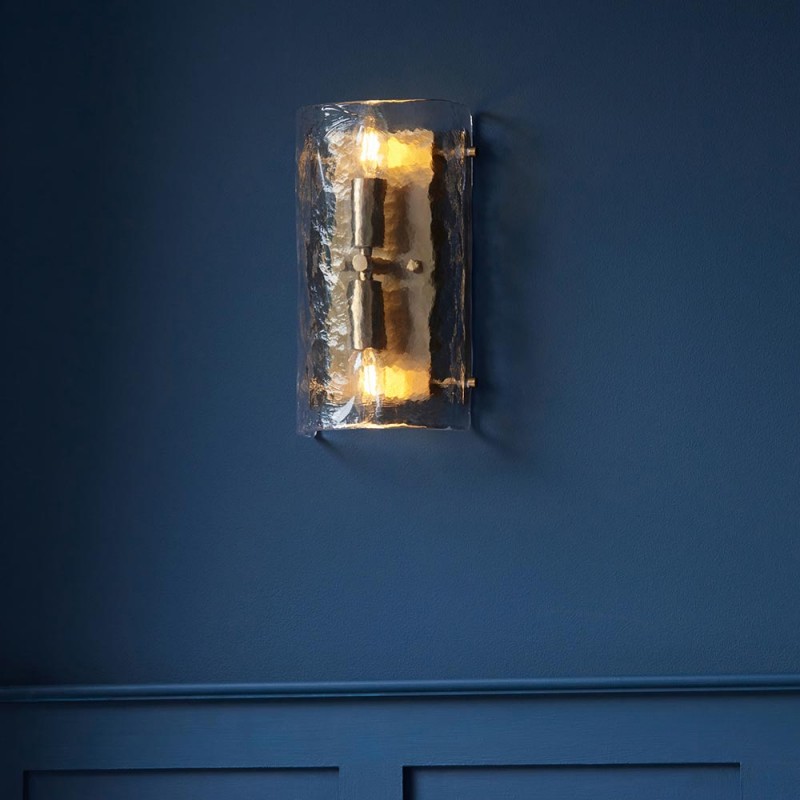 Endon-118673 - Keller - Brushed Aged Brass 2 Light Wall Lamp with Clear Textured Curved Glass