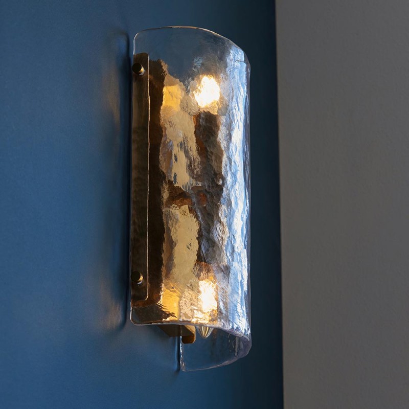 Endon-118673 - Keller - Brushed Aged Brass 2 Light Wall Lamp with Clear Textured Curved Glass