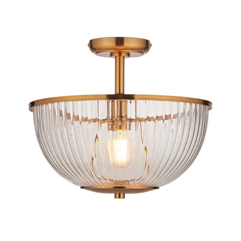 Endon-118750 - Somerset - Vintage Brass Uplighter Semi Flush with Clear Ribbed Glass
