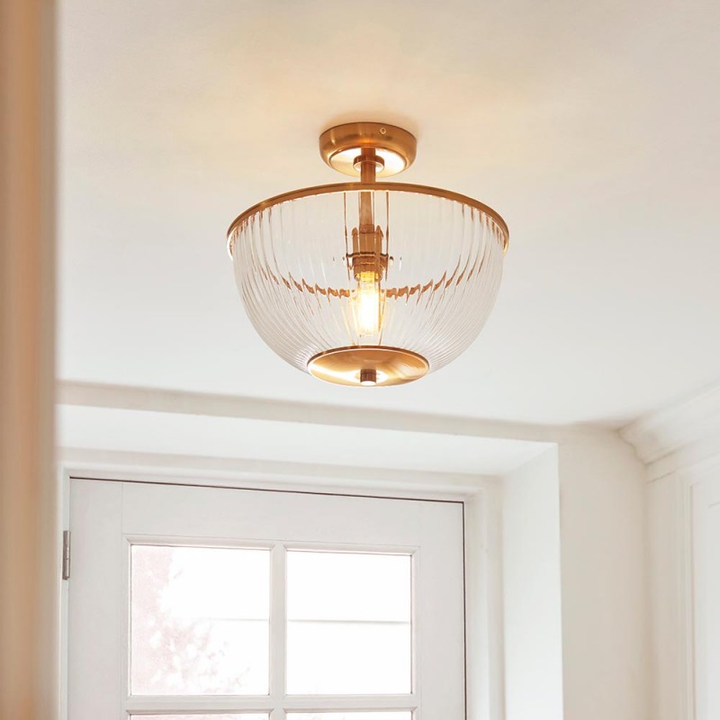Endon-118750 - Somerset - Vintage Brass Uplighter Semi Flush with Clear Ribbed Glass