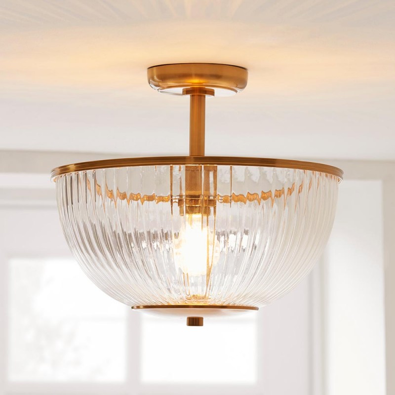 Endon-118750 - Somerset - Vintage Brass Uplighter Semi Flush with Clear Ribbed Glass