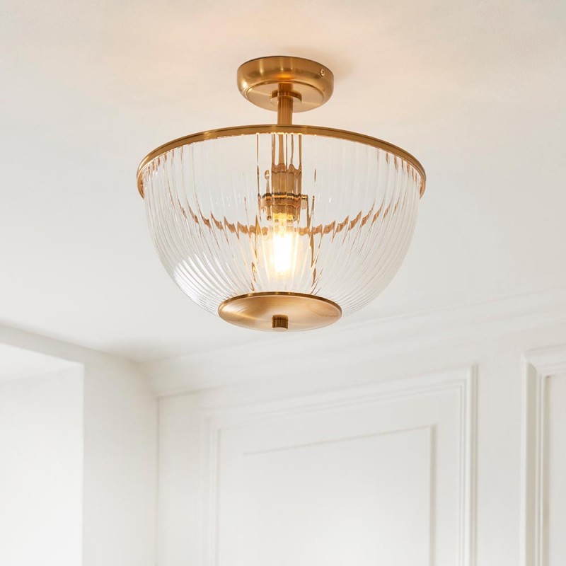 Endon-118750 - Somerset - Vintage Brass Uplighter Semi Flush with Clear Ribbed Glass