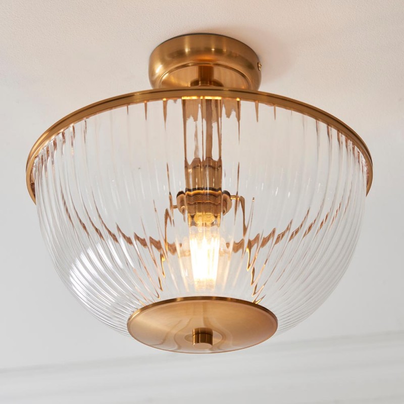 Endon-118750 - Somerset - Vintage Brass Uplighter Semi Flush with Clear Ribbed Glass