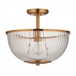 Somerset - Vintage Brass Uplighter Semi Flush with Clear Ribbed Glass