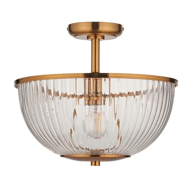 Endon-118750 - Somerset - Vintage Brass Uplighter Semi Flush with Clear Ribbed Glass