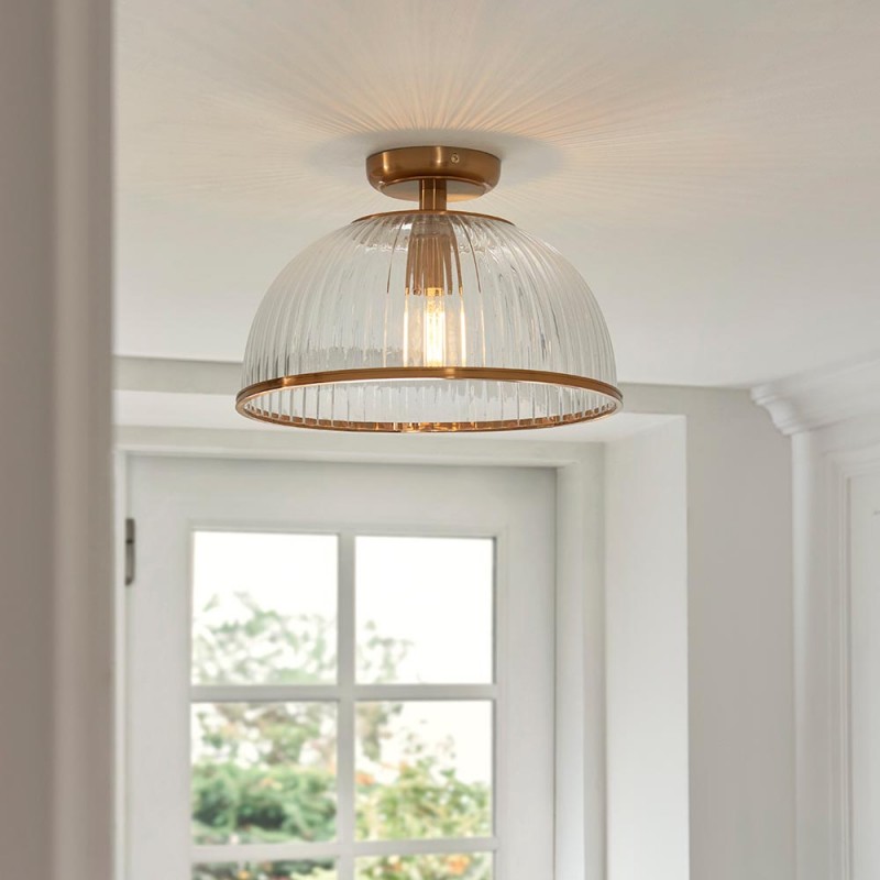 - Somerset - Vintage Brass Downlight Semi Flush with Clear Ribbed Glass Endon-118751 - Somerset - Vintage Brass Downlight Semi Flush with Clear Ribbed Glass