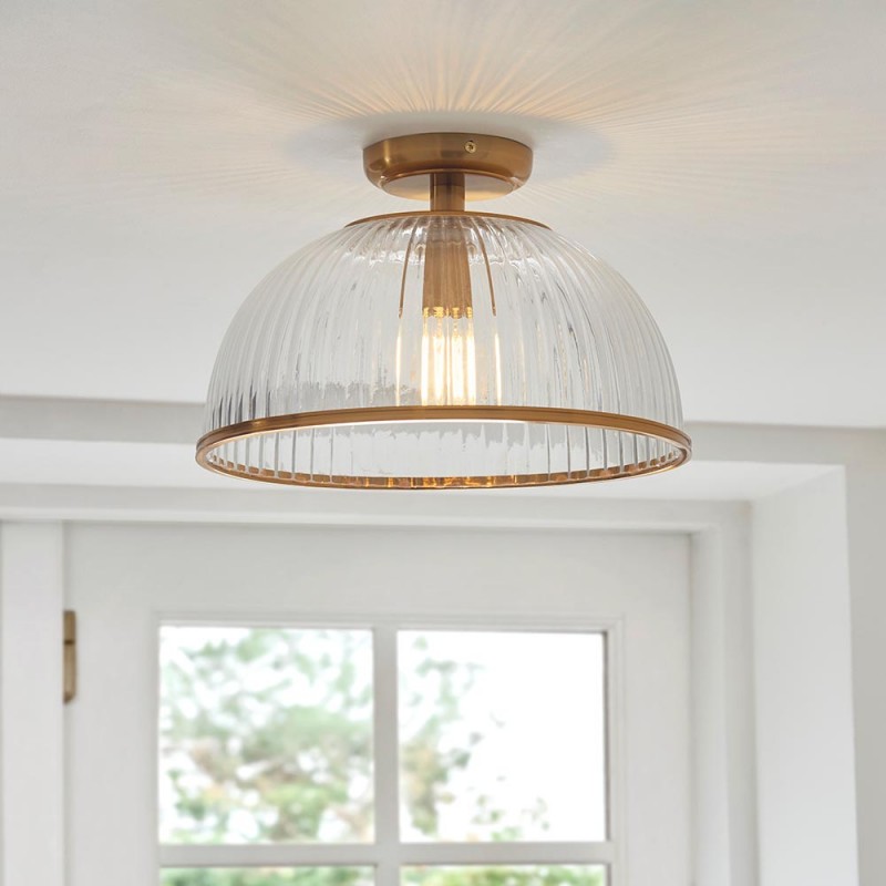 - Somerset - Vintage Brass Downlight Semi Flush with Clear Ribbed Glass Endon-118751 - Somerset - Vintage Brass Downlight Semi Flush with Clear Ribbed Glass
