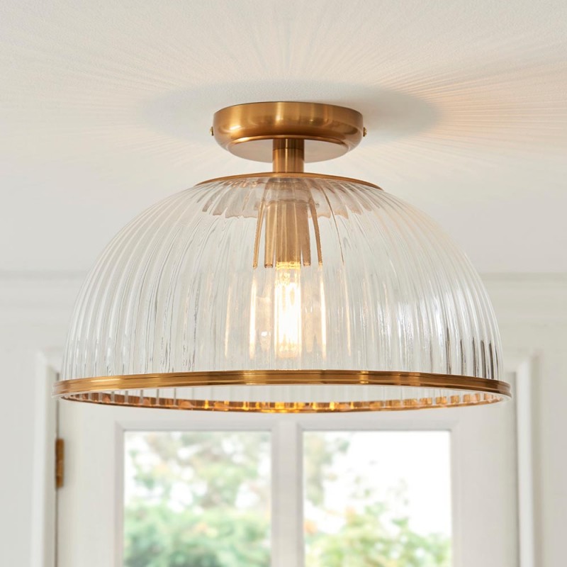 - Somerset - Vintage Brass Downlight Semi Flush with Clear Ribbed Glass Endon-118751 - Somerset - Vintage Brass Downlight Semi Flush with Clear Ribbed Glass