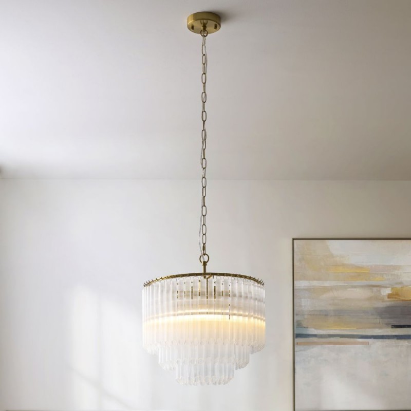Endon-119107 - Montpellier - Brushed Aged Brass 3 Light Centre Fitting with Ribbed Cylindrical Clear Glass