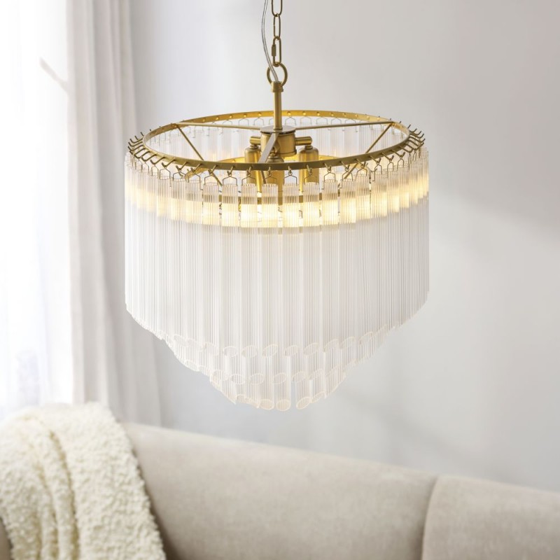 Endon-119107 - Montpellier - Brushed Aged Brass 3 Light Centre Fitting with Ribbed Cylindrical Clear Glass