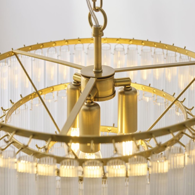 Endon-119107 - Montpellier - Brushed Aged Brass 3 Light Centre Fitting with Ribbed Cylindrical Clear Glass
