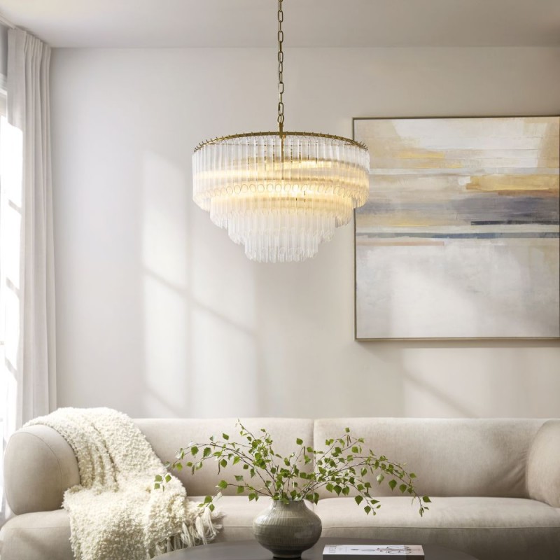 Endon-119108 - Montpellier - Brushed Aged Brass 6 Light Chandelier with Ribbed Cylindrical Clear Glass