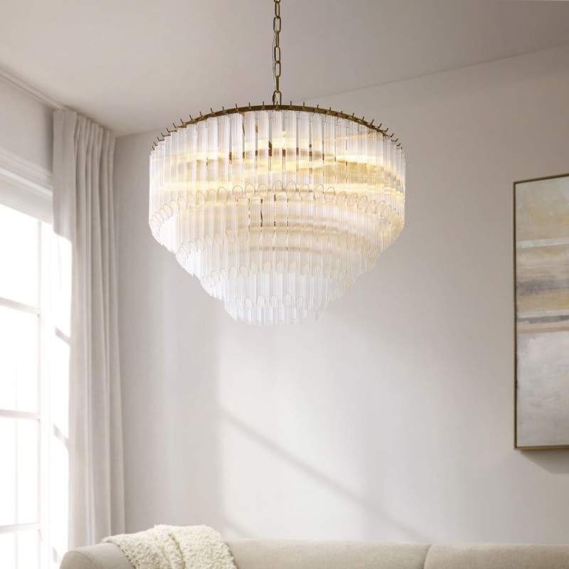 Endon-119108 - Montpellier - Brushed Aged Brass 6 Light Chandelier with Ribbed Cylindrical Clear Glass