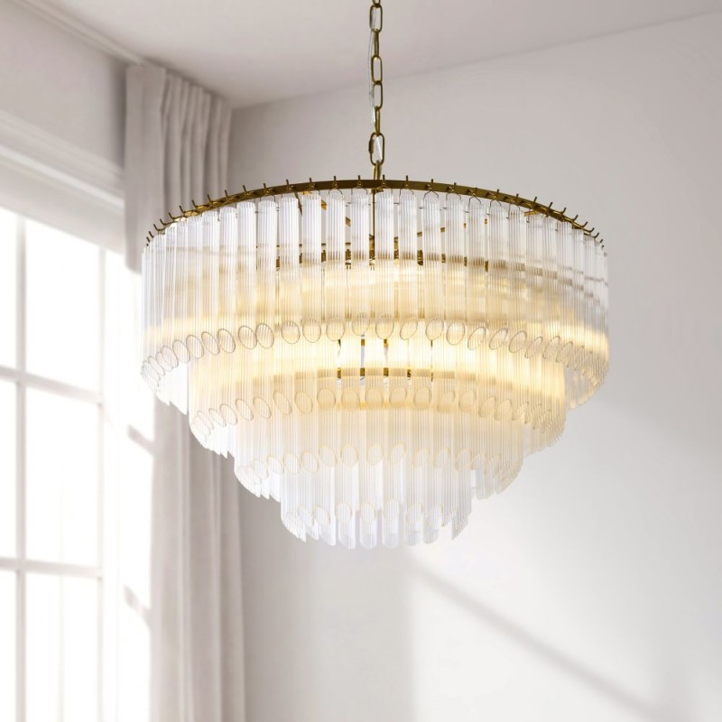 Endon-119108 - Montpellier - Brushed Aged Brass 6 Light Chandelier with Ribbed Cylindrical Clear Glass