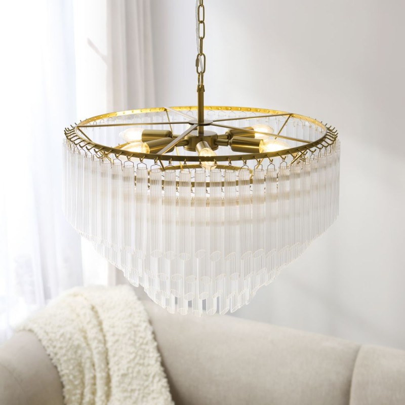 Endon-119108 - Montpellier - Brushed Aged Brass 6 Light Chandelier with Ribbed Cylindrical Clear Glass