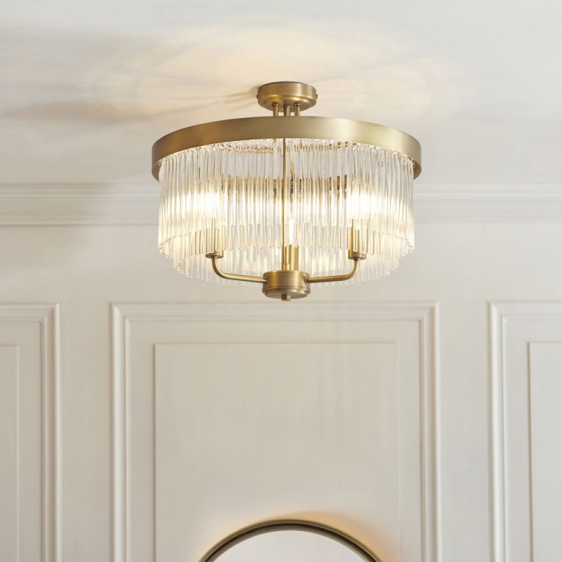 Endon-119109 - Clermont - Warm Antique Brass 3 Light Semi Flush with Clear Glass Rods