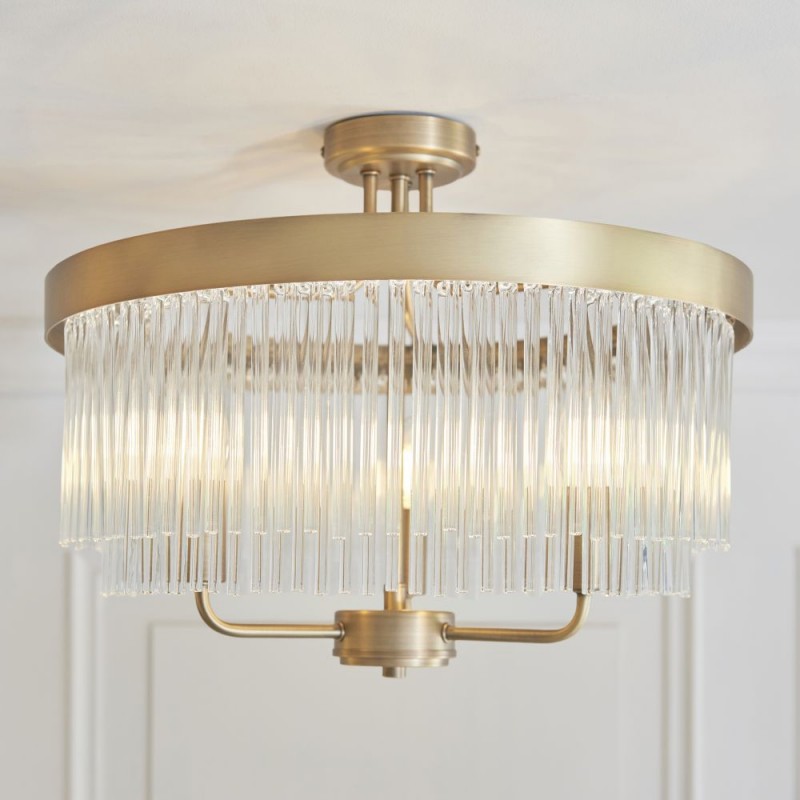 Endon-119109 - Clermont - Warm Antique Brass 3 Light Semi Flush with Clear Glass Rods