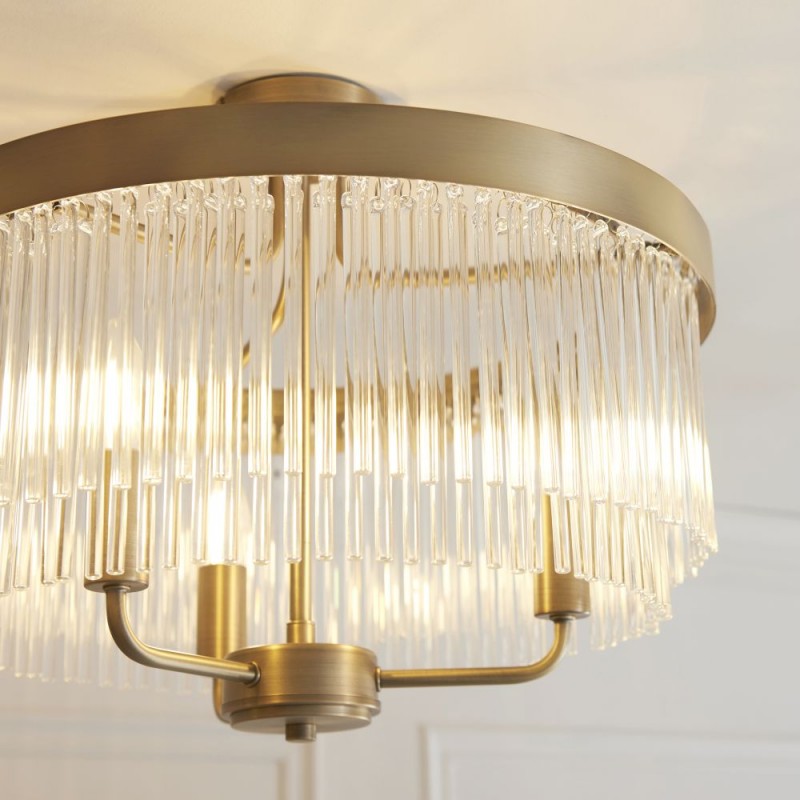 Endon-119109 - Clermont - Warm Antique Brass 3 Light Semi Flush with Clear Glass Rods