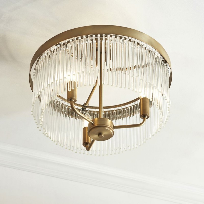 Endon-119109 - Clermont - Warm Antique Brass 3 Light Semi Flush with Clear Glass Rods
