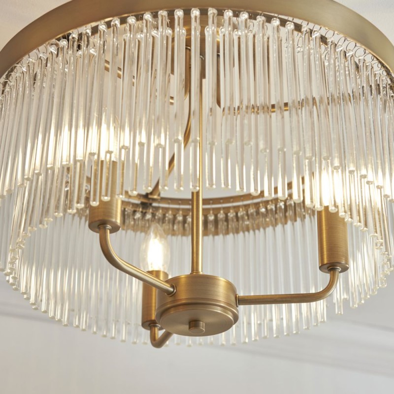Endon-119109 - Clermont - Warm Antique Brass 3 Light Semi Flush with Clear Glass Rods