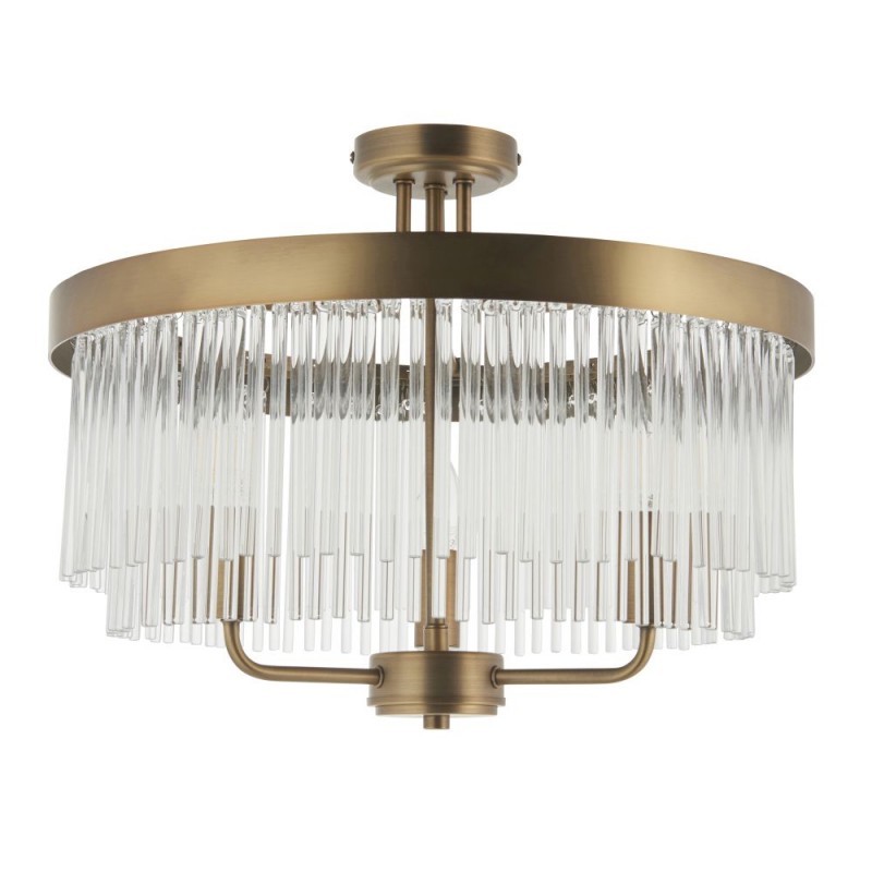 Endon-119109 - Clermont - Warm Antique Brass 3 Light Semi Flush with Clear Glass Rods
