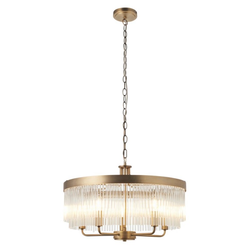 Endon-119110 - Clermont - Warm Antique Brass 5 Light Centre Fitting with Clear Glass Rods