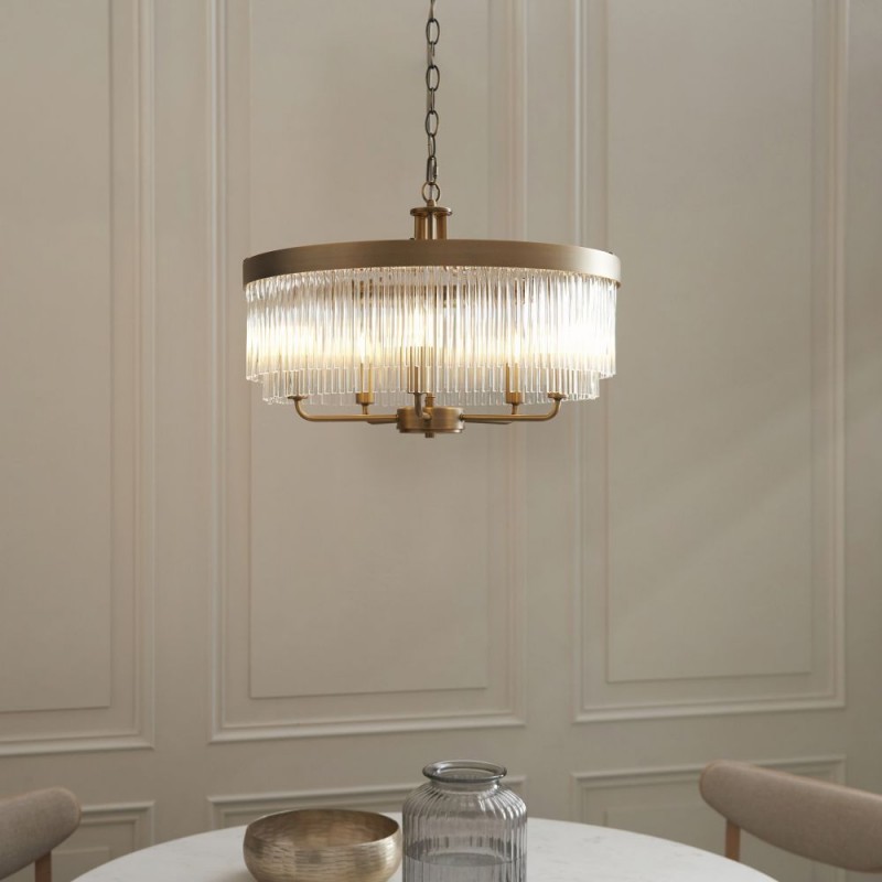 Endon-119110 - Clermont - Warm Antique Brass 5 Light Centre Fitting with Clear Glass Rods